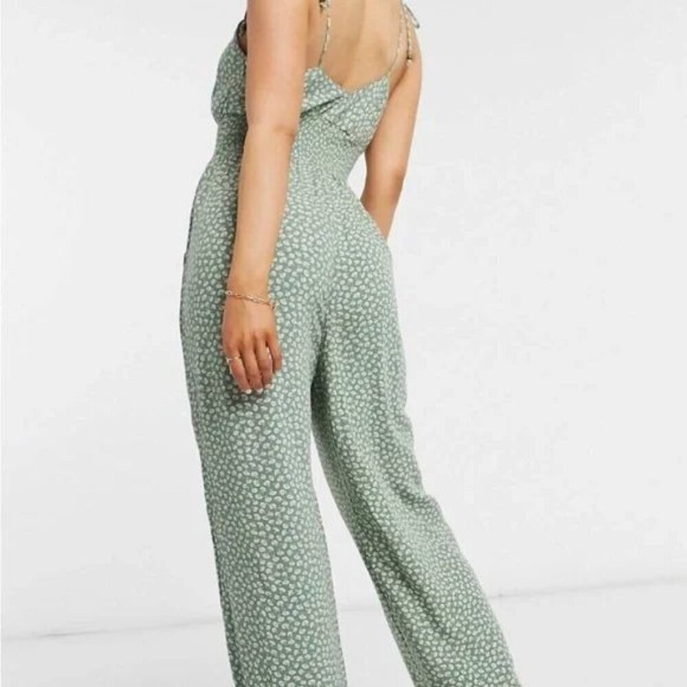 American Eagle Green Floral Smocked Tie Shoulder Sleeveless Jumpsuit Cottagecore - Picture 4 of 11
